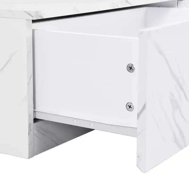Mueble para TV de 79W para televisores de hasta 88'', centro de entretenimiento de configuración libre con 4 cajones de almacenamiento y acabado de imitación mármol y veta de nogal