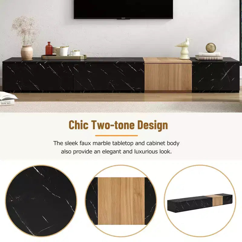 Mueble para TV de 79W para televisores de hasta 88'', centro de entretenimiento de configuración libre con 4 cajones de almacenamiento y acabado de imitación mármol y veta de nogal