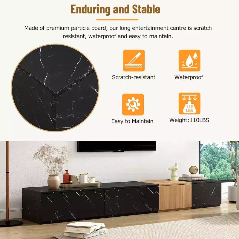 Mueble para TV de 79W para televisores de hasta 88'', centro de entretenimiento de configuración libre con 4 cajones de almacenamiento y acabado de imitación mármol y veta de nogal