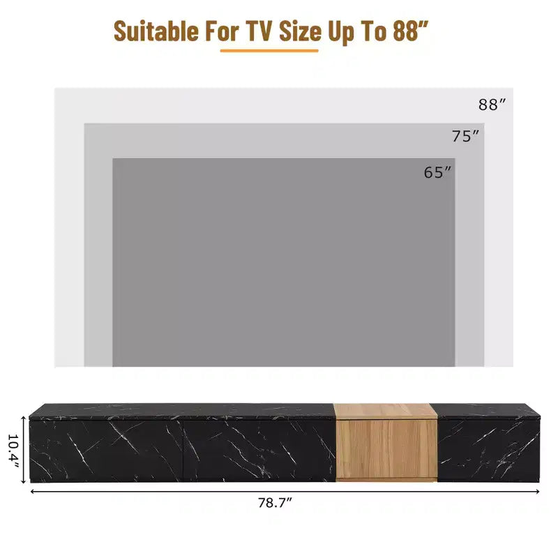 Mueble para TV de 79W para televisores de hasta 88'', centro de entretenimiento de configuración libre con 4 cajones de almacenamiento y acabado de imitación mármol y veta de nogal