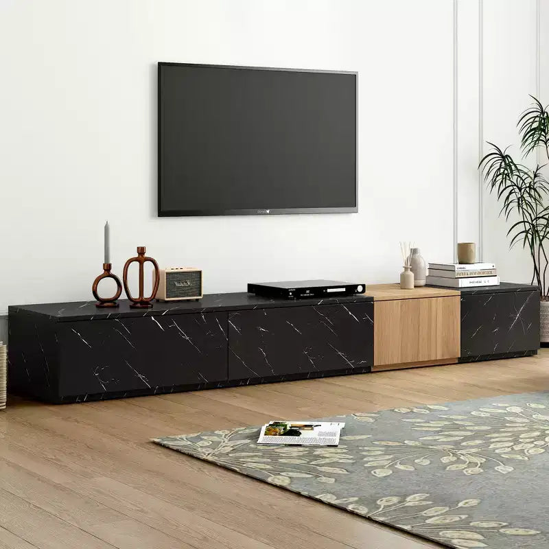 79W TV Stand for TVs up to 88'', Free-Combination Entertainment Center with 4 Storage Drawers and Faux Marble-Walnut Grain Finish-ModernLuxe