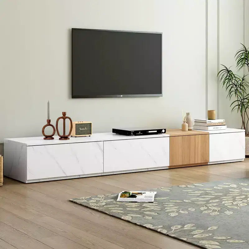 Meuble TV de 79W pour téléviseurs jusqu’à 88'', centre de divertissement modulable avec 4 tiroirs de rangement et finition imitation marbre et veinage de noyer