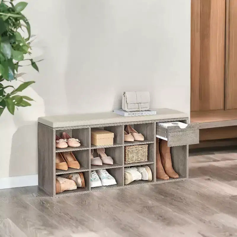 Banco de almacenamiento, banco de recibidor con cojín, cajón y compartimentos abiertos, para sala de estar, dormitorio o armario