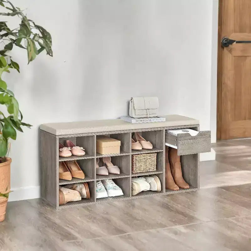 Banco de almacenamiento, banco de recibidor con cojín, cajón y compartimentos abiertos, para sala de estar, dormitorio o armario