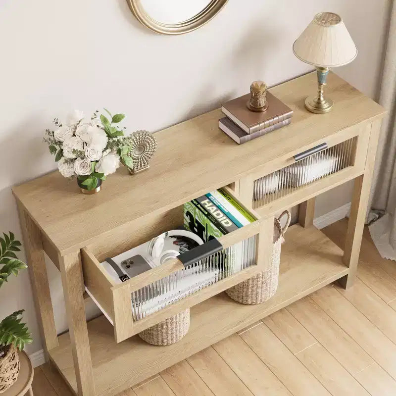 Mesa de recibidor de 43 pulgadas, consola de madera con 2 cajones de vidrio, mesa de sofá de 2 niveles con almacenamiento para la sala de estar, mesas de recibidor