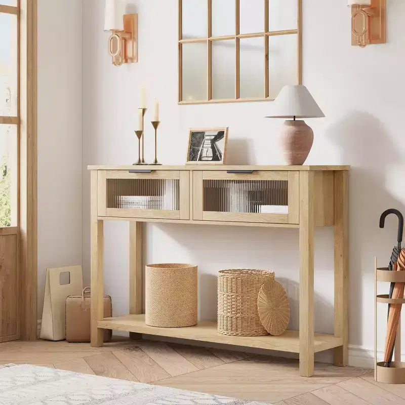 Mesa de recibidor de 43 pulgadas, consola de madera con 2 cajones de vidrio, mesa de sofá de 2 niveles con almacenamiento para la sala de estar, mesas de recibidor