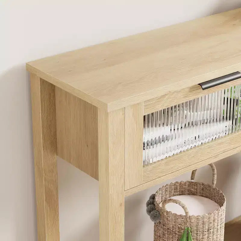 Mesa de recibidor de 43 pulgadas, consola de madera con 2 cajones de vidrio, mesa de sofá de 2 niveles con almacenamiento para la sala de estar, mesas de recibidor