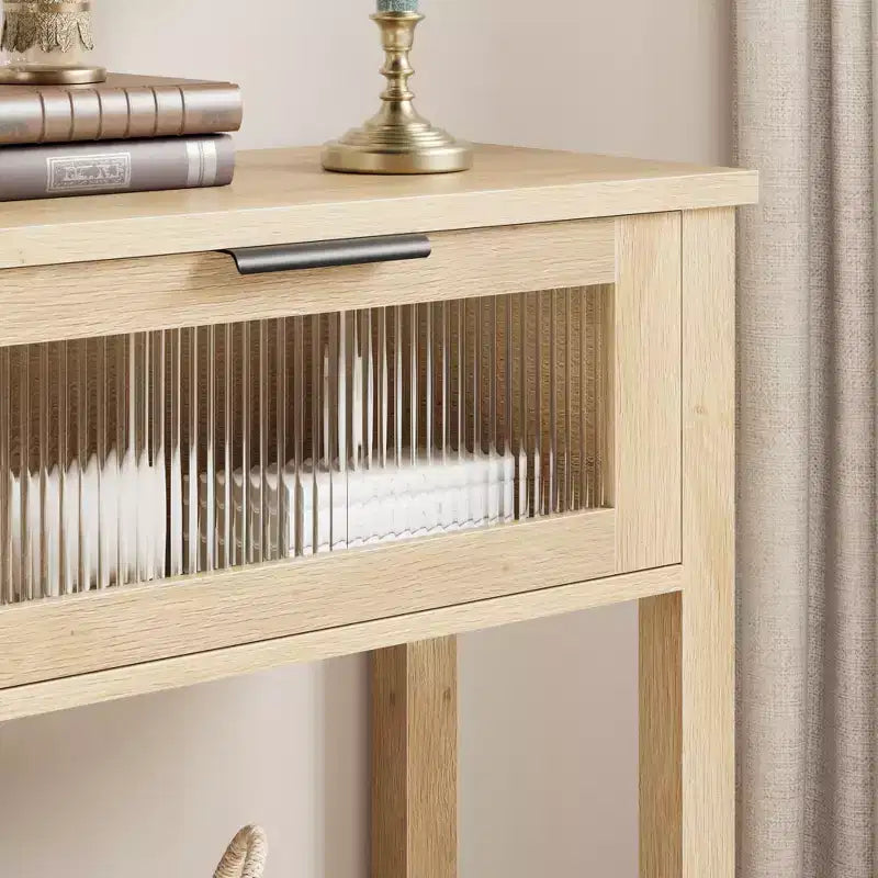 Mesa de recibidor de 43 pulgadas, consola de madera con 2 cajones de vidrio, mesa de sofá de 2 niveles con almacenamiento para la sala de estar, mesas de recibidor