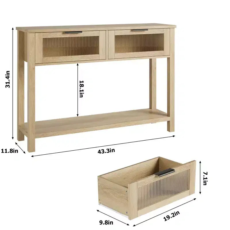 Mesa de recibidor de 43 pulgadas, consola de madera con 2 cajones de vidrio, mesa de sofá de 2 niveles con almacenamiento para la sala de estar, mesas de recibidor