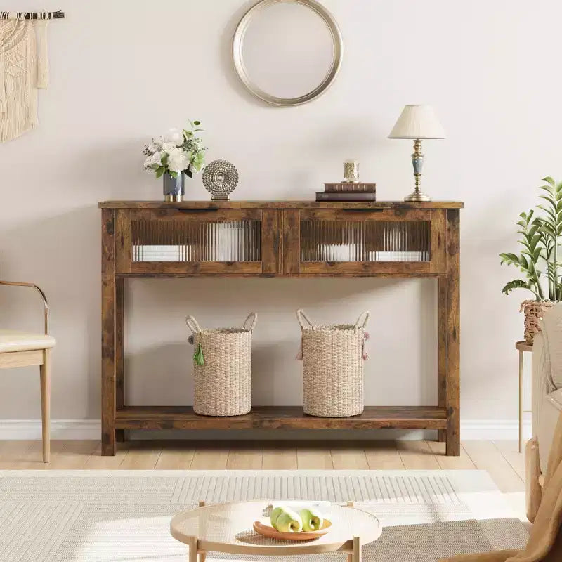 Mesa de recibidor de 43 pulgadas, consola de madera con 2 cajones de vidrio, mesa de sofá de 2 niveles con almacenamiento para la sala de estar, mesas de recibidor