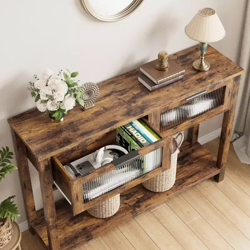 Mesa de recibidor de 43 pulgadas, consola de madera con 2 cajones de vidrio, mesa de sofá de 2 niveles con almacenamiento para la sala de estar, mesas de recibidor