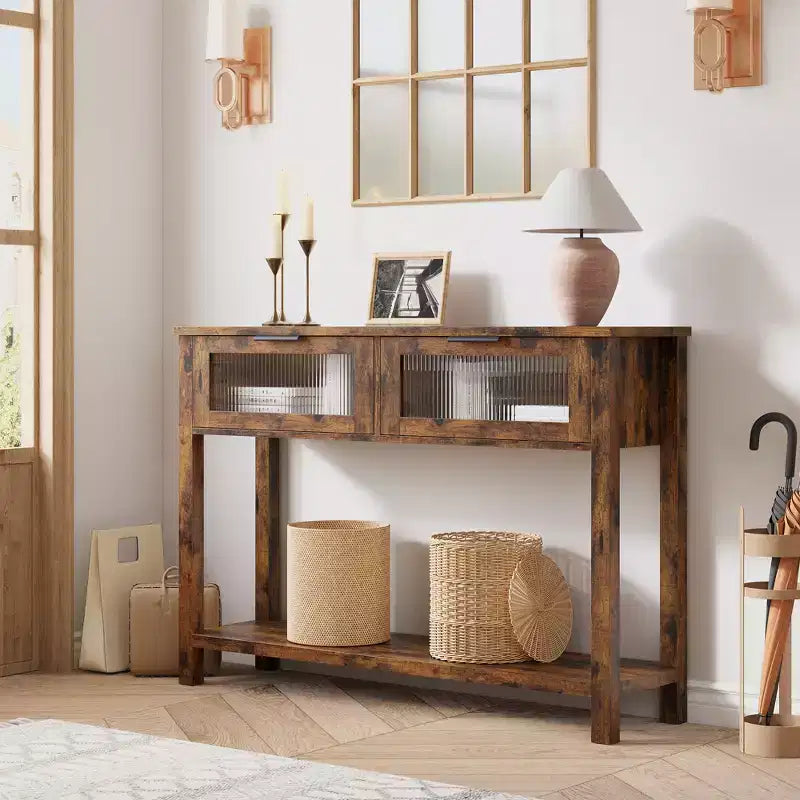 Mesa de recibidor de 43 pulgadas, consola de madera con 2 cajones de vidrio, mesa de sofá de 2 niveles con almacenamiento para la sala de estar, mesas de recibidor