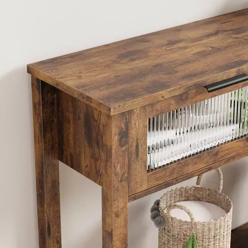 Mesa de recibidor de 43 pulgadas, consola de madera con 2 cajones de vidrio, mesa de sofá de 2 niveles con almacenamiento para la sala de estar, mesas de recibidor