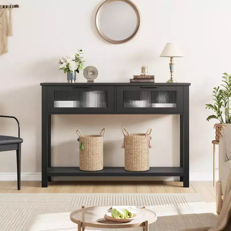 Mesa de recibidor de 43 pulgadas, consola de madera con 2 cajones de vidrio, mesa de sofá de 2 niveles con almacenamiento para la sala de estar, mesas de recibidor