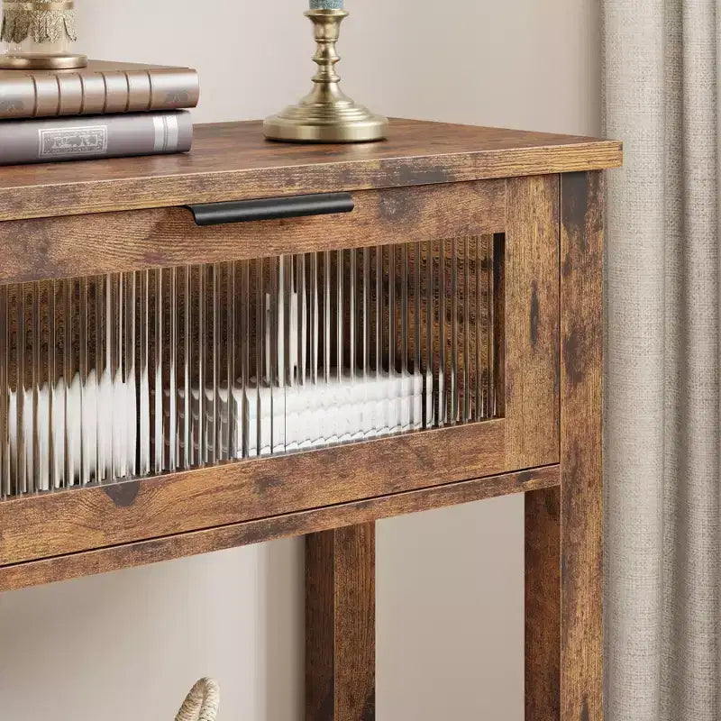 Mesa de recibidor de 43 pulgadas, consola de madera con 2 cajones de vidrio, mesa de sofá de 2 niveles con almacenamiento para la sala de estar, mesas de recibidor