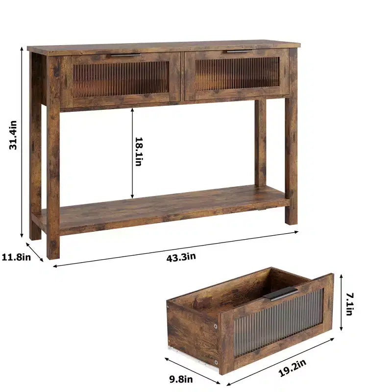 Mesa de recibidor de 43 pulgadas, consola de madera con 2 cajones de vidrio, mesa de sofá de 2 niveles con almacenamiento para la sala de estar, mesas de recibidor
