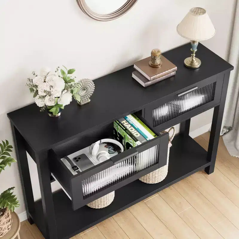 Mesa de recibidor de 43 pulgadas, consola de madera con 2 cajones de vidrio, mesa de sofá de 2 niveles con almacenamiento para la sala de estar, mesas de recibidor