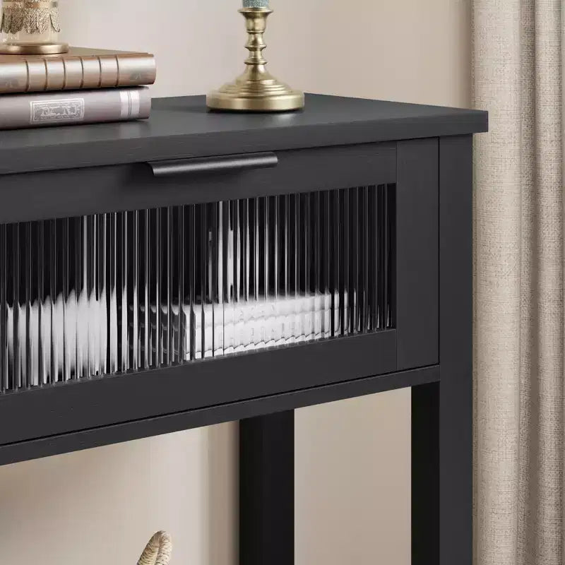 Mesa de recibidor de 43 pulgadas, consola de madera con 2 cajones de vidrio, mesa de sofá de 2 niveles con almacenamiento para la sala de estar, mesas de recibidor
