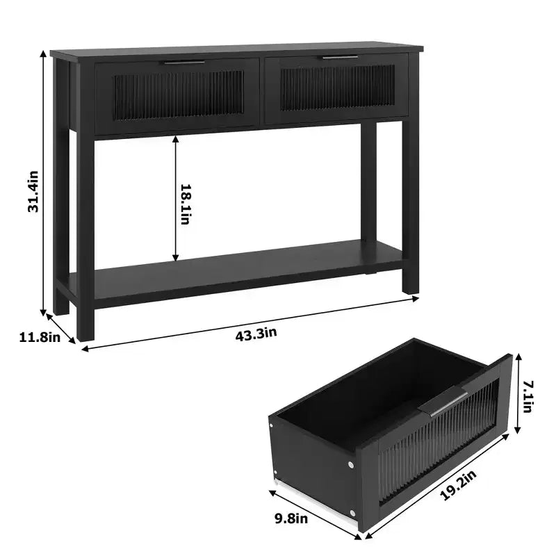Mesa de recibidor de 43 pulgadas, consola de madera con 2 cajones de vidrio, mesa de sofá de 2 niveles con almacenamiento para la sala de estar, mesas de recibidor