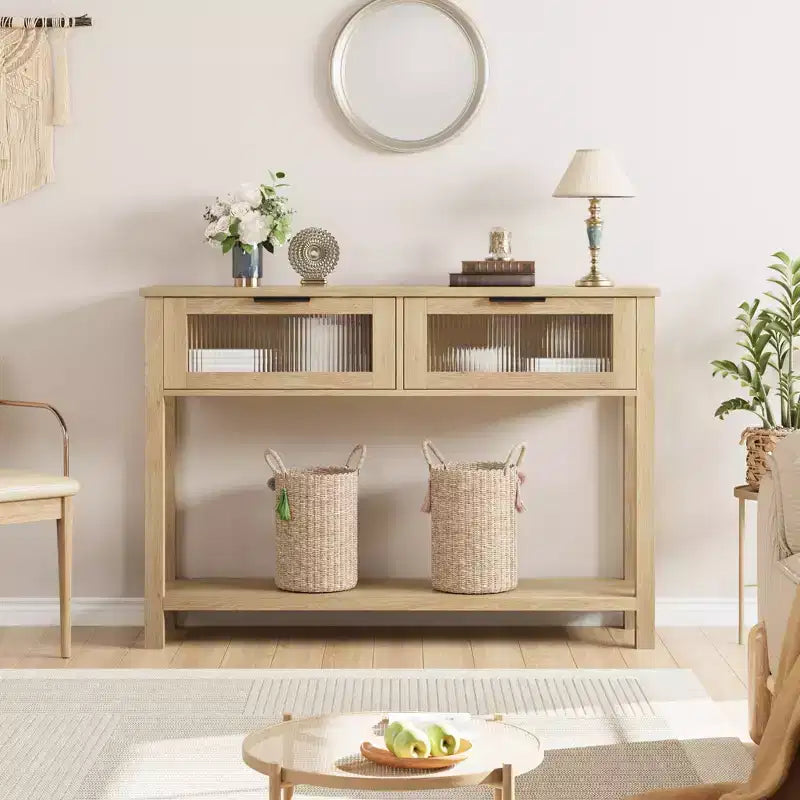 Mesa de recibidor de 43 pulgadas, consola de madera con 2 cajones de vidrio, mesa de sofá de 2 niveles con almacenamiento para la sala de estar, mesas de recibidor