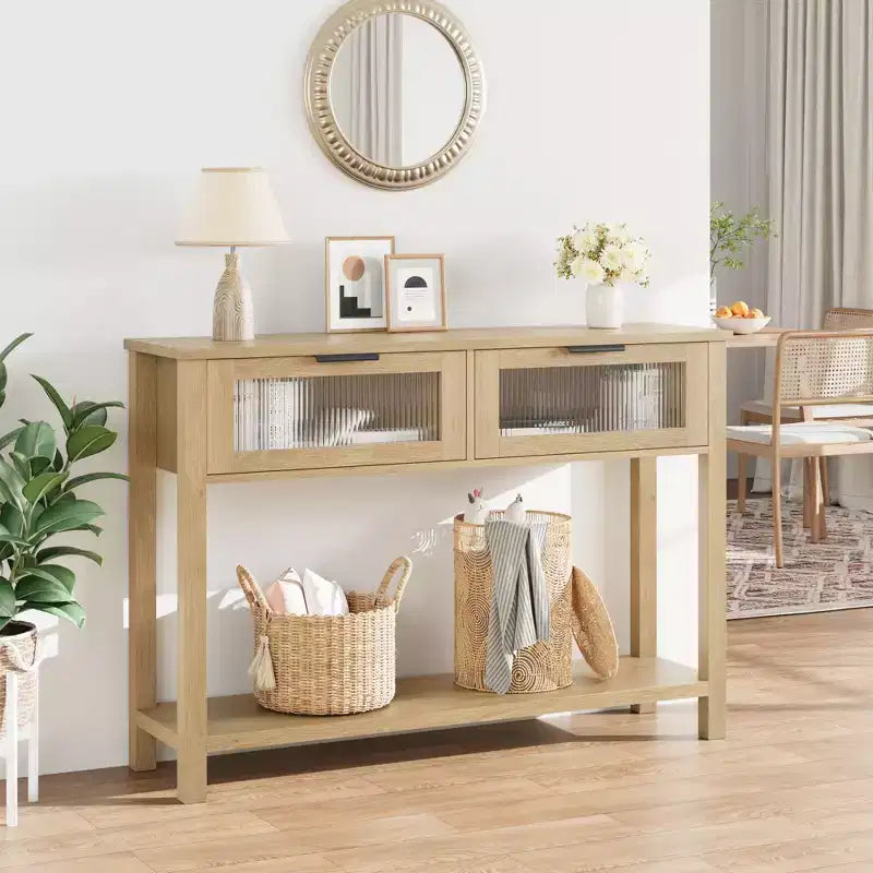 Table d’entrée de 43 pouces, console en bois avec 2 tiroirs en verre, table de canapé à 2 niveaux avec rangement pour le salon, tables de hall pour l’entrée
