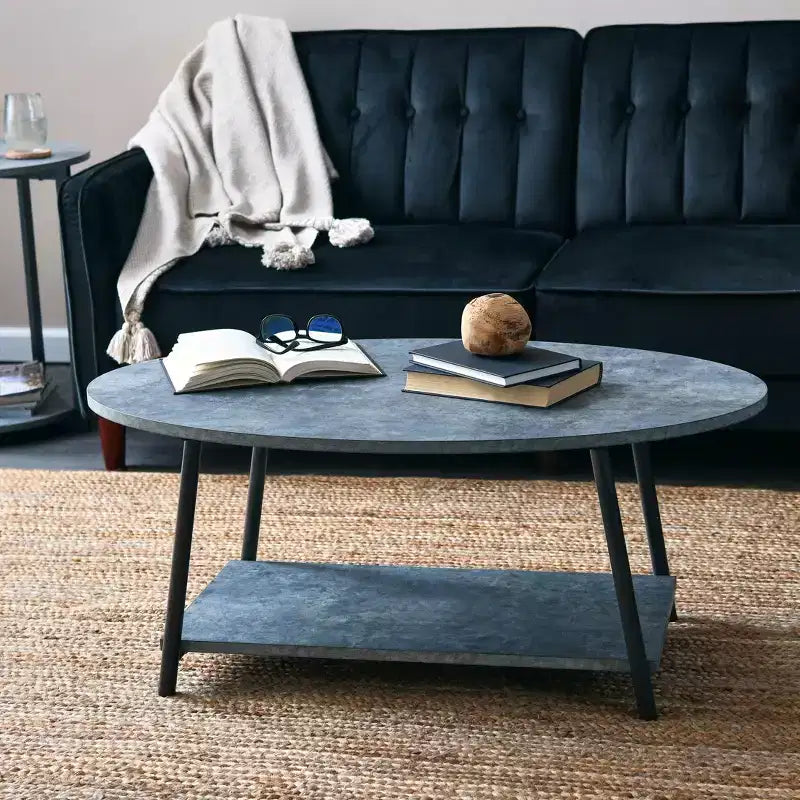 Table basse ovale avec étagère de rangement, ardoise rustique, béton et métal noir