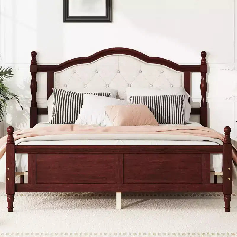 Estructura de cama con cabecero, cama de plataforma de madera rústica, soporte de láminas de madera, no necesita somier, fácil de montar