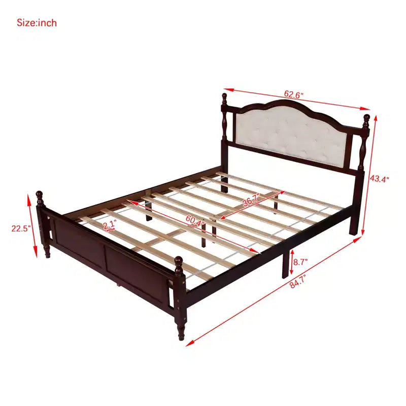 Estructura de cama con cabecero, cama de plataforma de madera rústica, soporte de láminas de madera, no necesita somier, fácil de montar