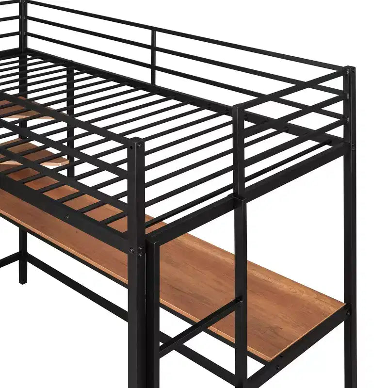 Lit mezzanine en métal avec bureau et étagères