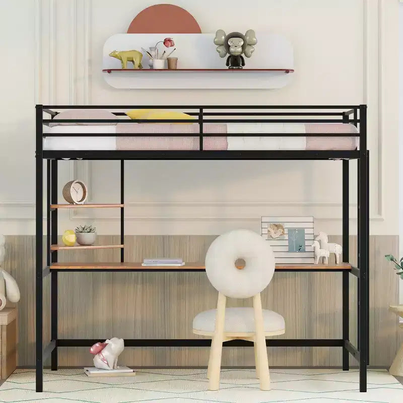 Lit mezzanine en métal avec bureau et étagères