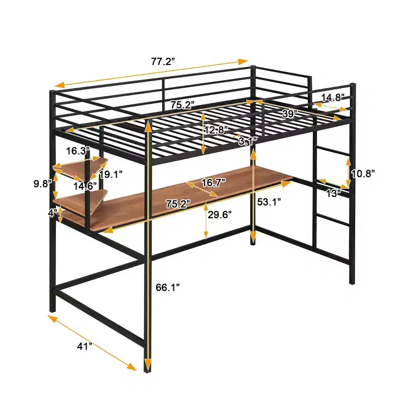 Lit mezzanine en métal avec bureau et étagères