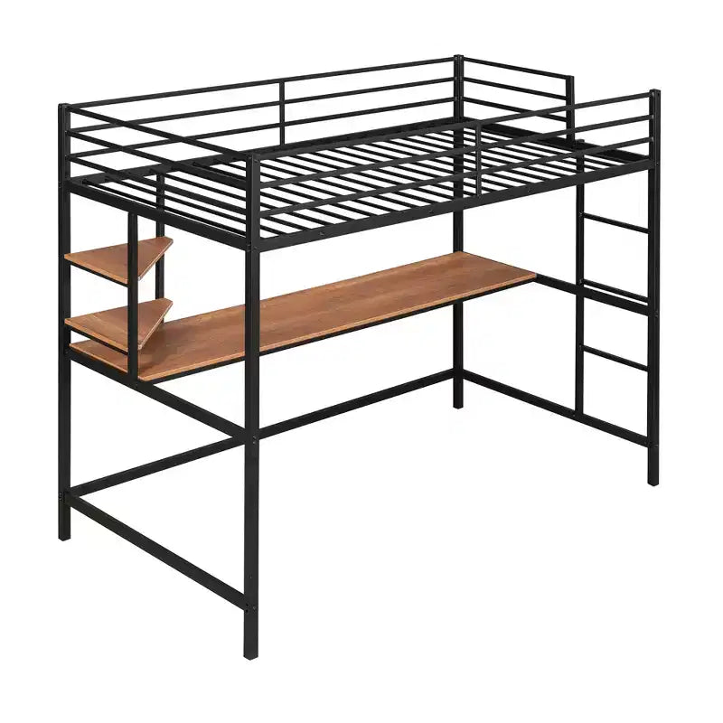 Lit mezzanine en métal avec bureau et étagères