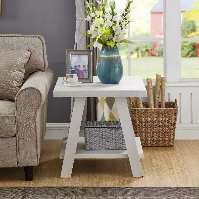 Table d’appoint contemporaine avec étagère en bois, finition blanche