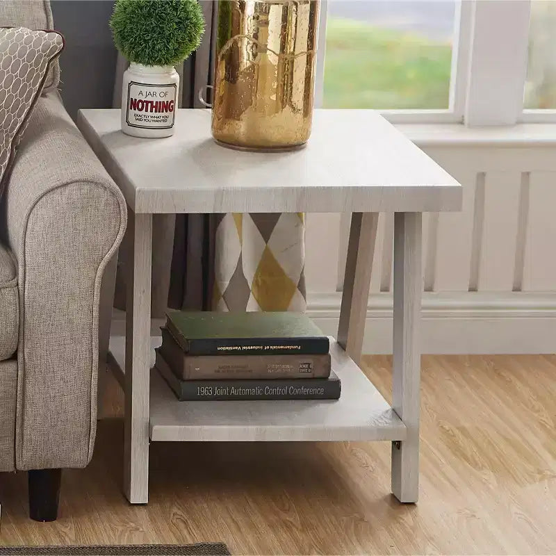 Table d’appoint contemporaine avec étagère en bois, finition blanche
