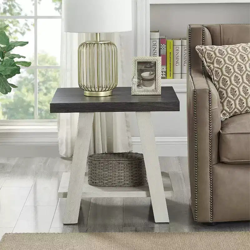 Table d’appoint contemporaine avec étagère en bois bicolore, charbon patiné et beige