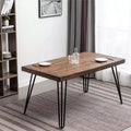 Mesa de comedor industrial de metal con diseño de patas de horquilla, pino oscuro rústico