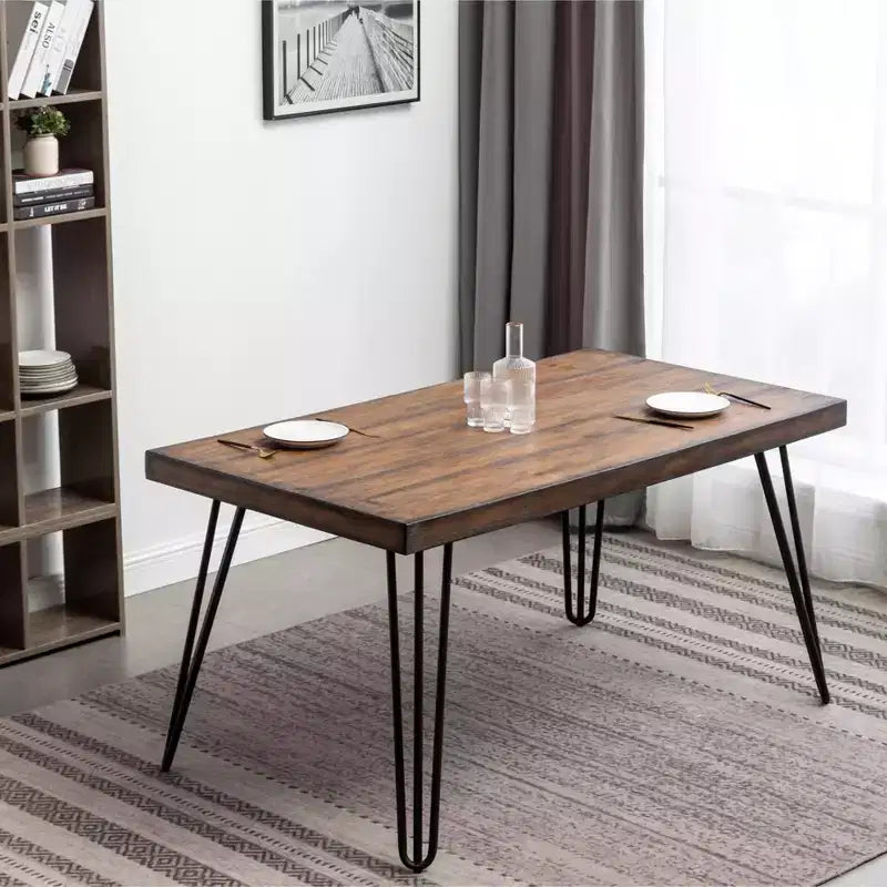 Table de salle à manger industrielle en métal avec pieds en épingle à cheveux, pin foncé rustique