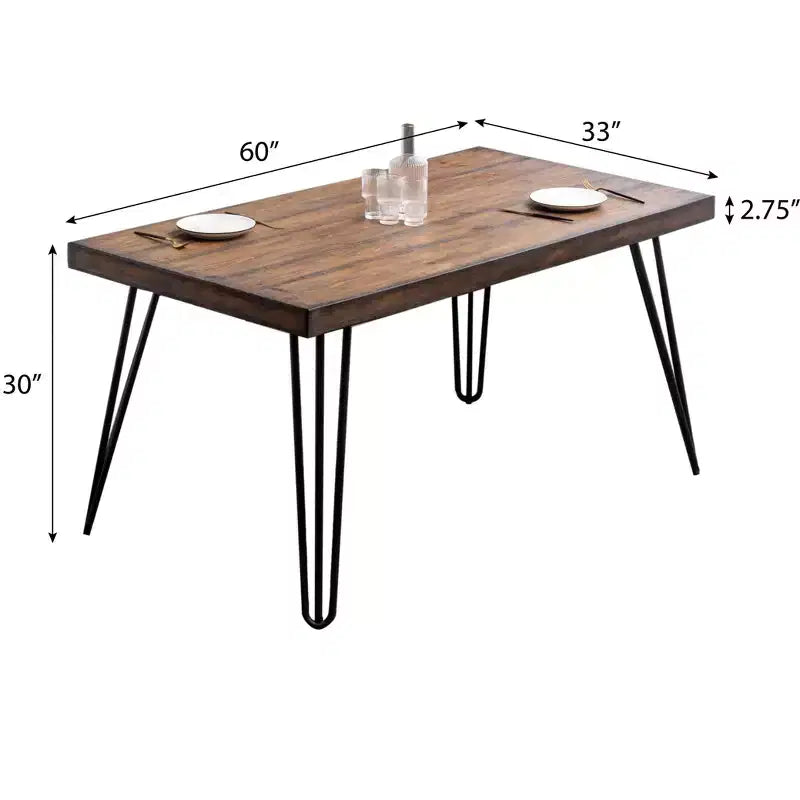 Mesa de comedor industrial de metal con diseño de patas de horquilla, pino oscuro rústico