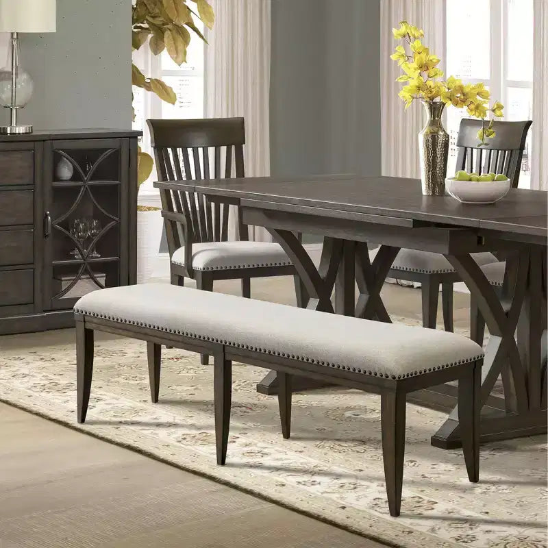 Banco de comedor tapizado con tachuelas decorativas, gris